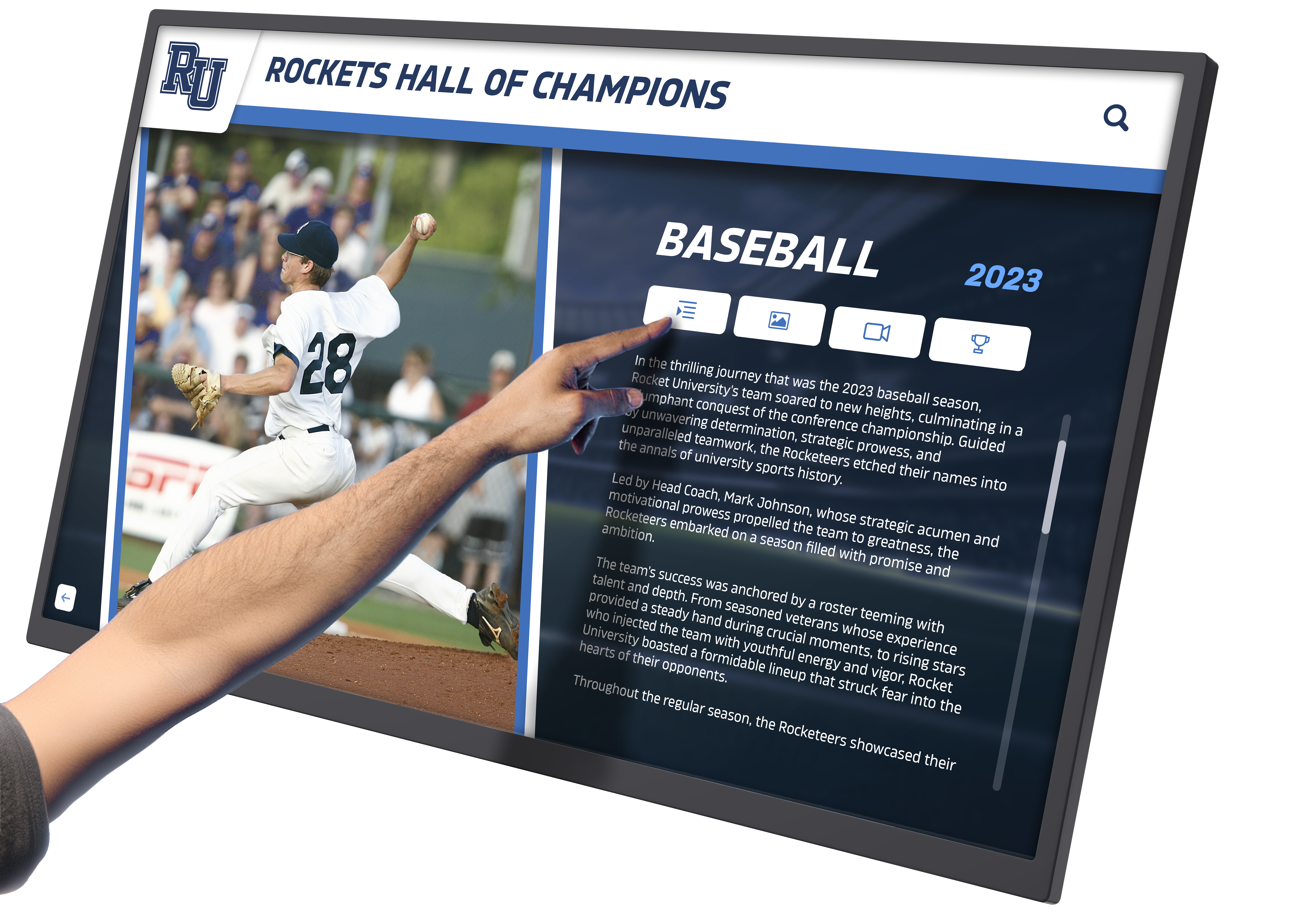 Interactive touchscreen display showing athlete achievements