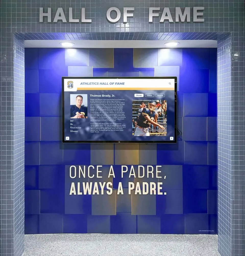 Digital hall of fame display with custom branded design in athletic facility