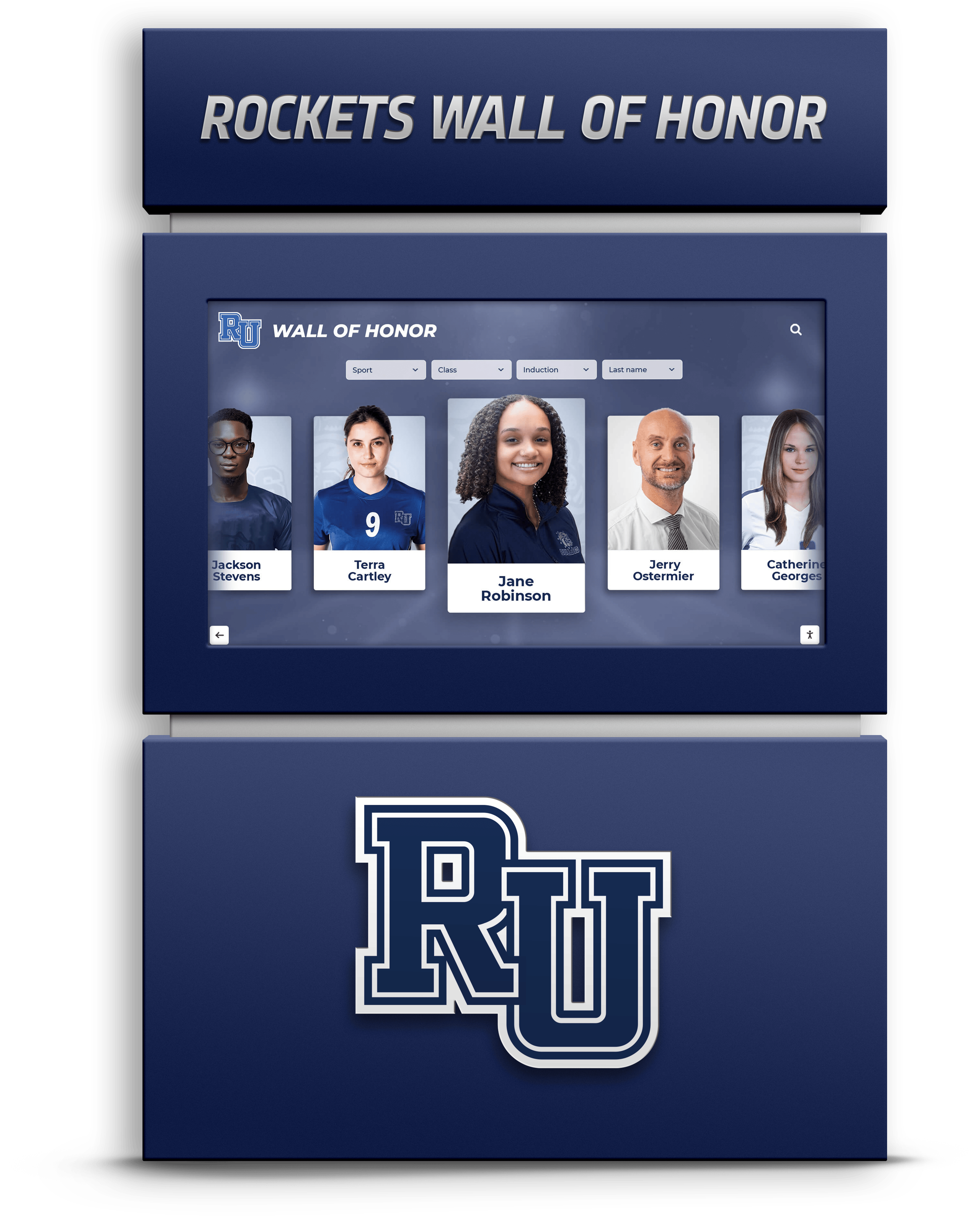 Interactive digital memorial touchscreen showing fallen soldier tribute profiles
