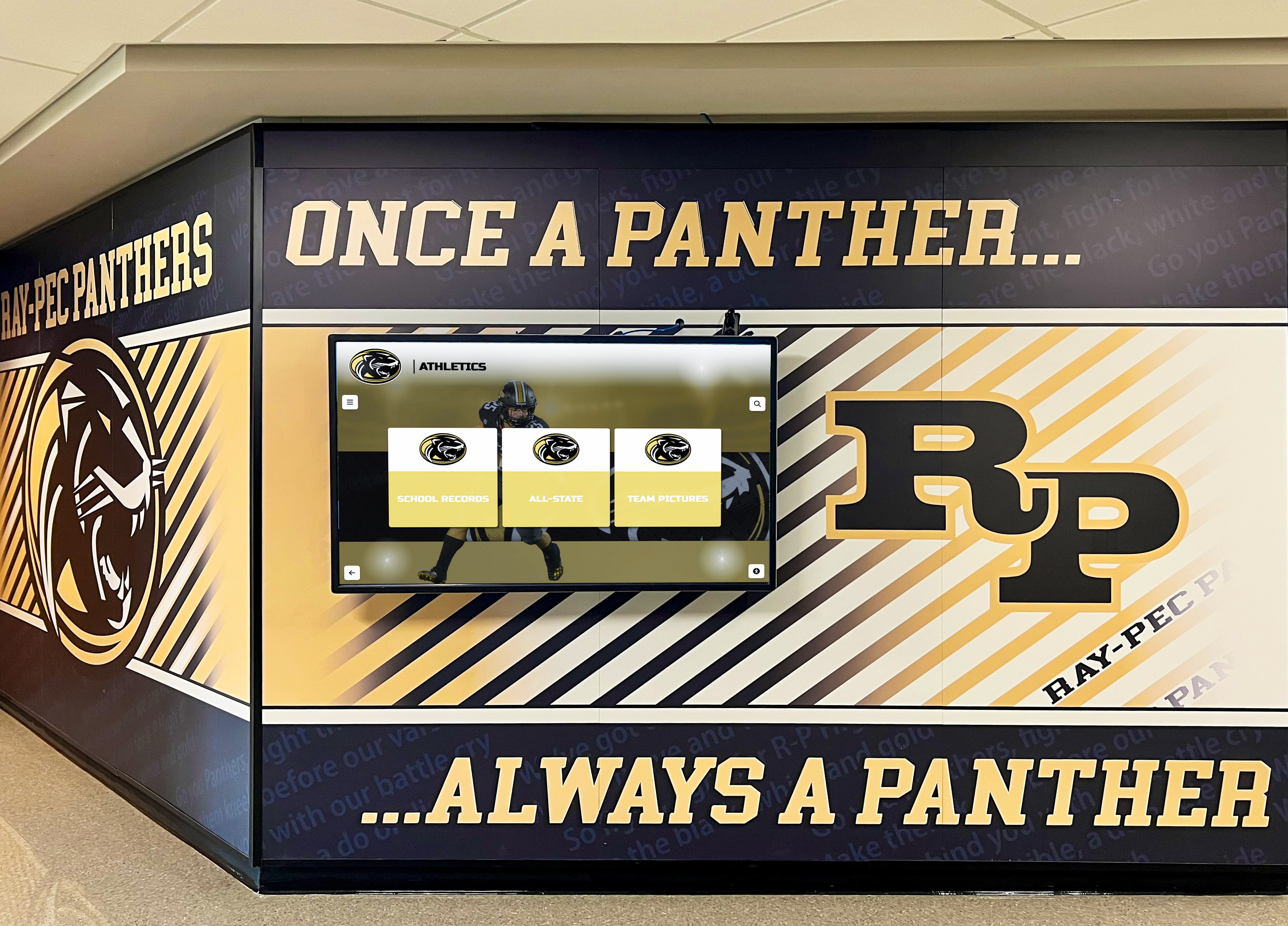 Modern school hallway with integrated digital recognition display